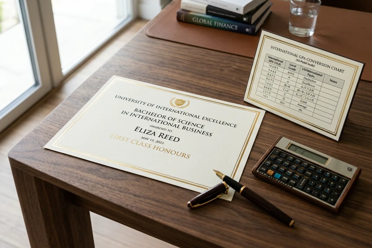 A hand holds a calculator over a paper with course grade points and percentage conversions visible.