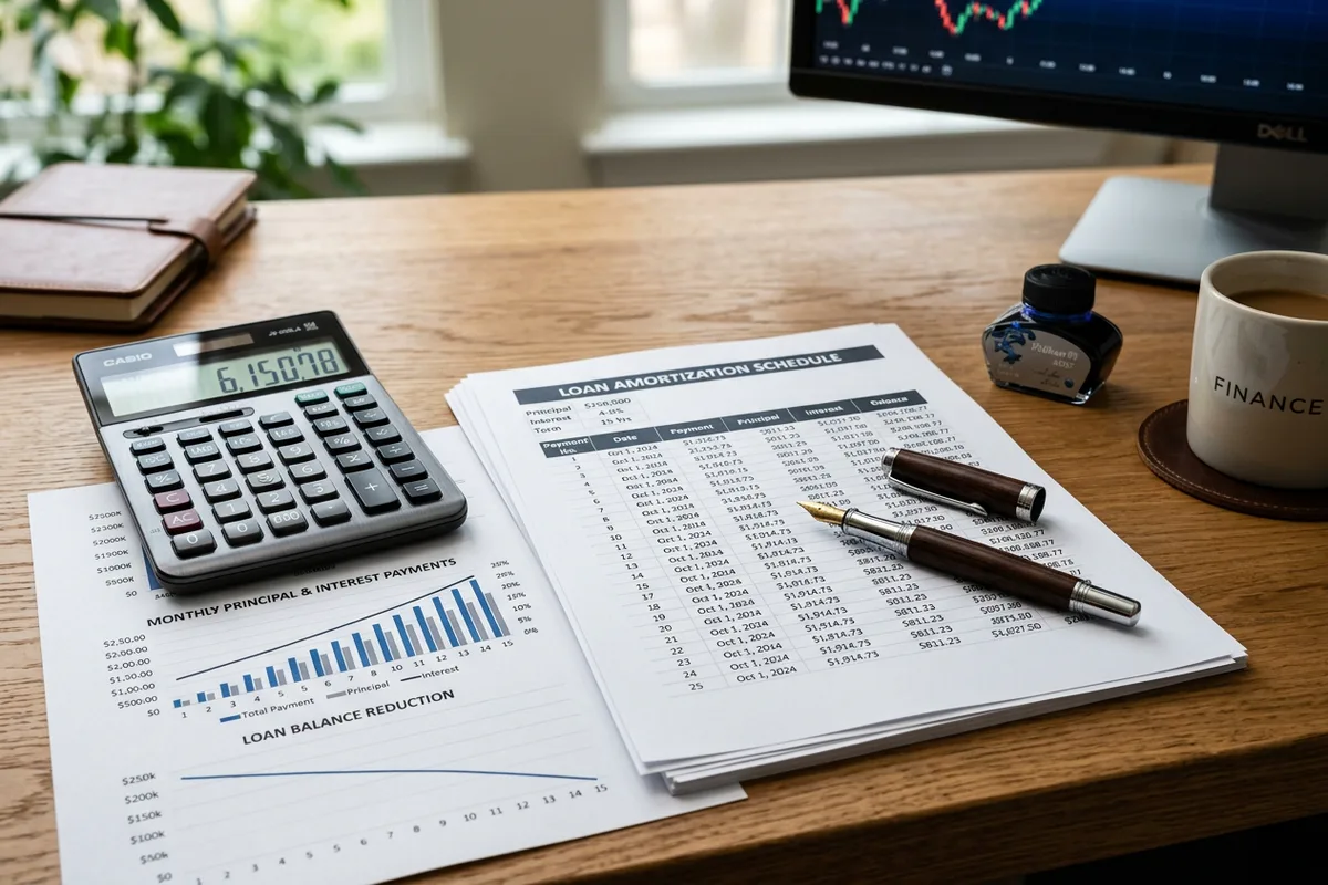 A calculator on a desk next to papers labeled loan details.