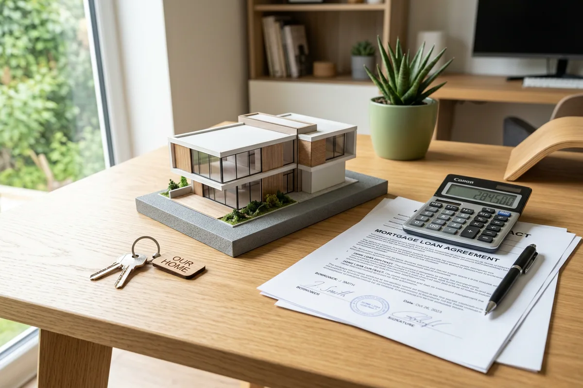 A hand enters numbers on a calculator next to a small model house.
