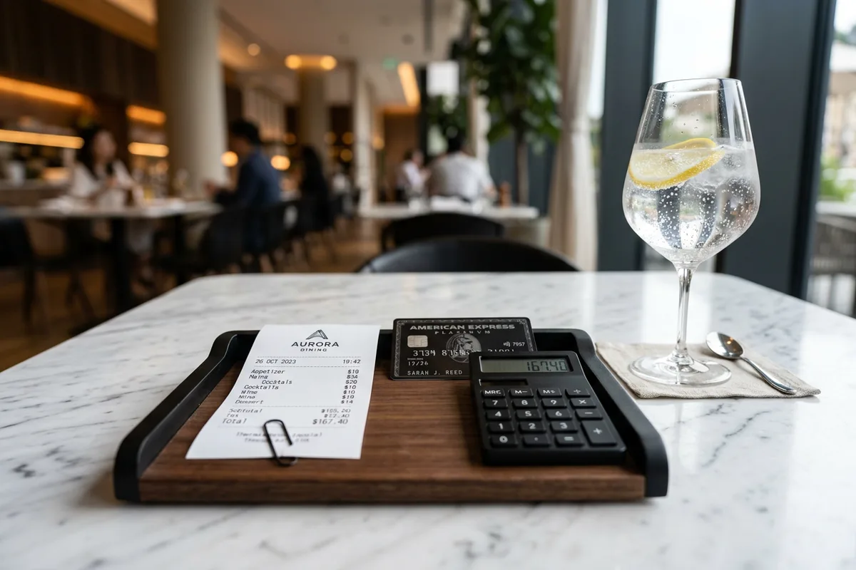 A smartphone screen shows a tip calculator app with bill total, tip percent, and split fields.